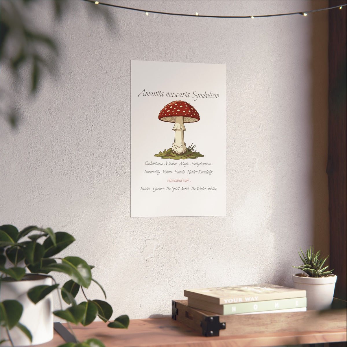 A vertical wall art print featuring a mushroom illustration and the text 'Amanita muscaria Symbolism' in a styled interior setting with a wooden shelf, books, and potted plants.