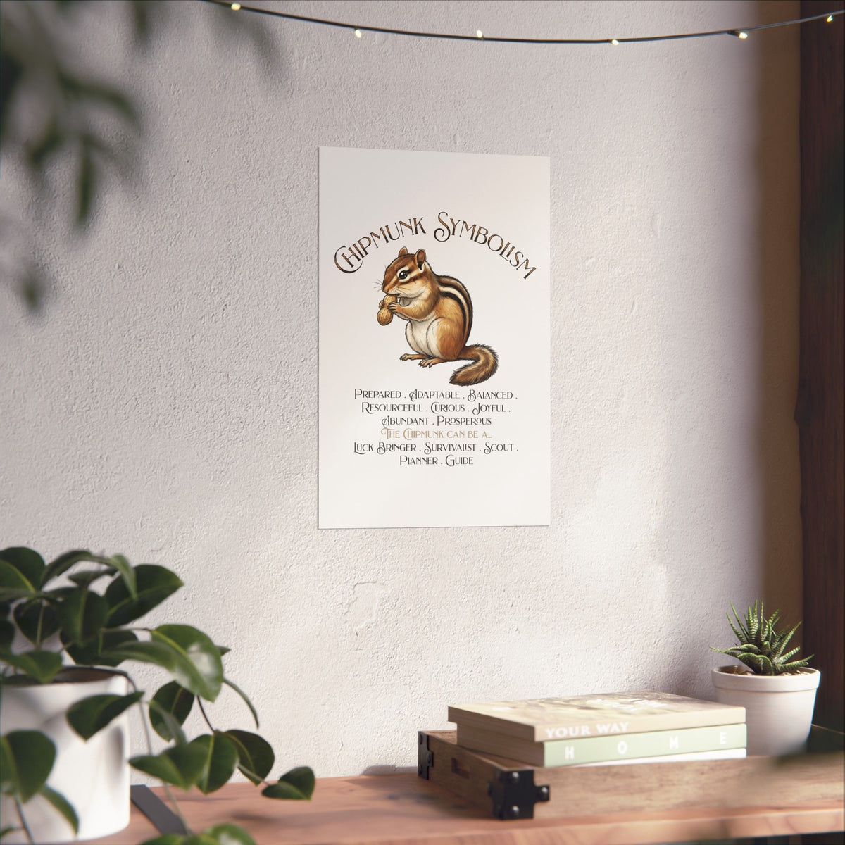 A vertical white art print featuring a chipmunk and the title 'Chipmunk Symbaristy' with smaller text below, hanging on a textured wall in a styled room with plants, books, and string lights.