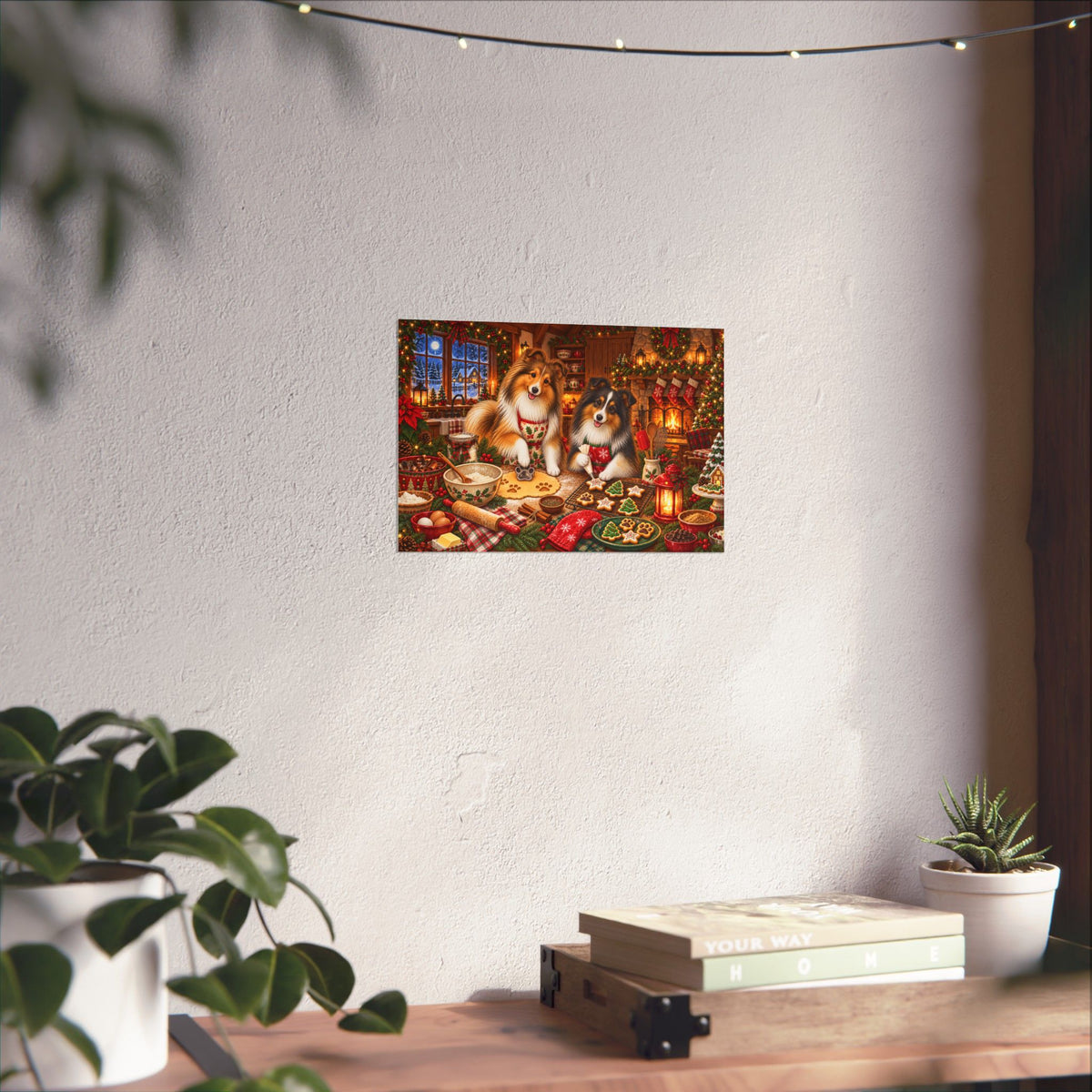 A rectangular wall art print showing two shelties baking and decorating cookies at a festive holiday table, displayed on a textured white wall above a wooden surface with books, a small plant, and hanging string lights.