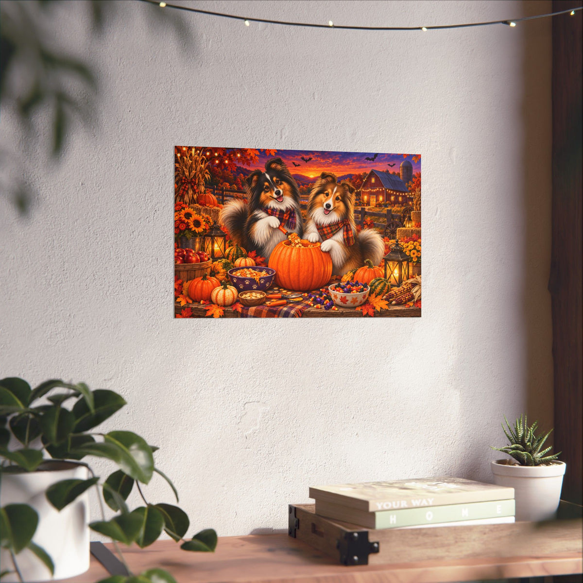 A rectangular wall art print showing two shelties carving a jack o' lantern, displayed on a white wall above a wooden surface with books and small plants.