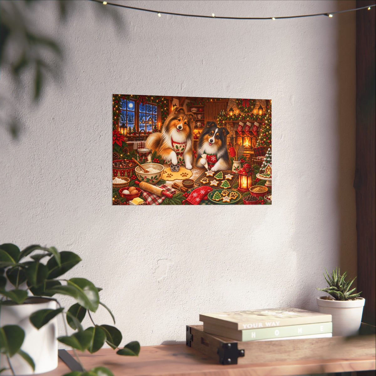 A rectangular wall art print showing two shelties baking and decorating cookies at a festive holiday table, displayed on a textured white wall above a wooden surface with books, a small plant, and hanging string lights.