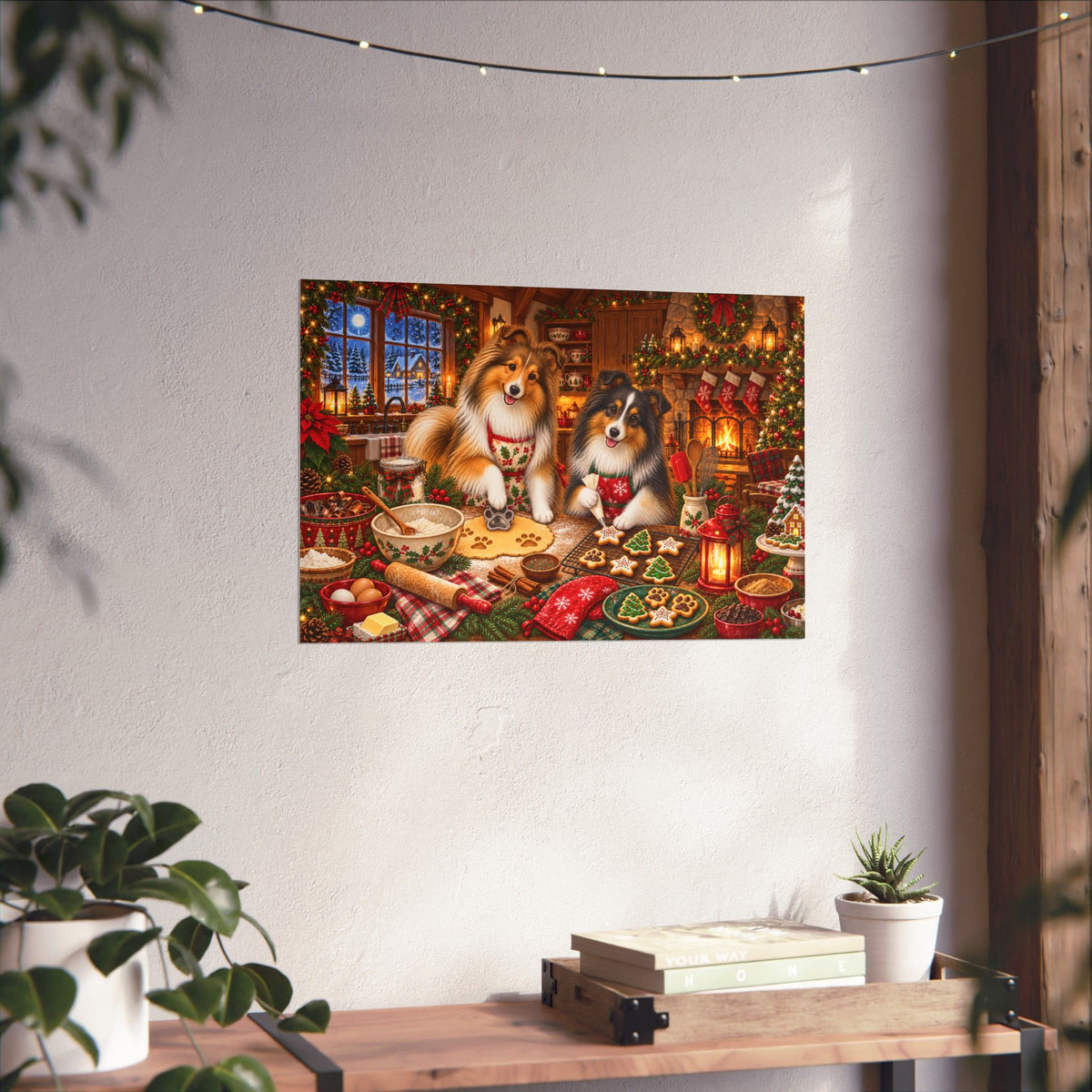 A rectangular wall art print showing two shelties baking and decorating cookies at a festive holiday table, displayed on a textured white wall above a wooden surface with books, a small plant, and hanging string lights.