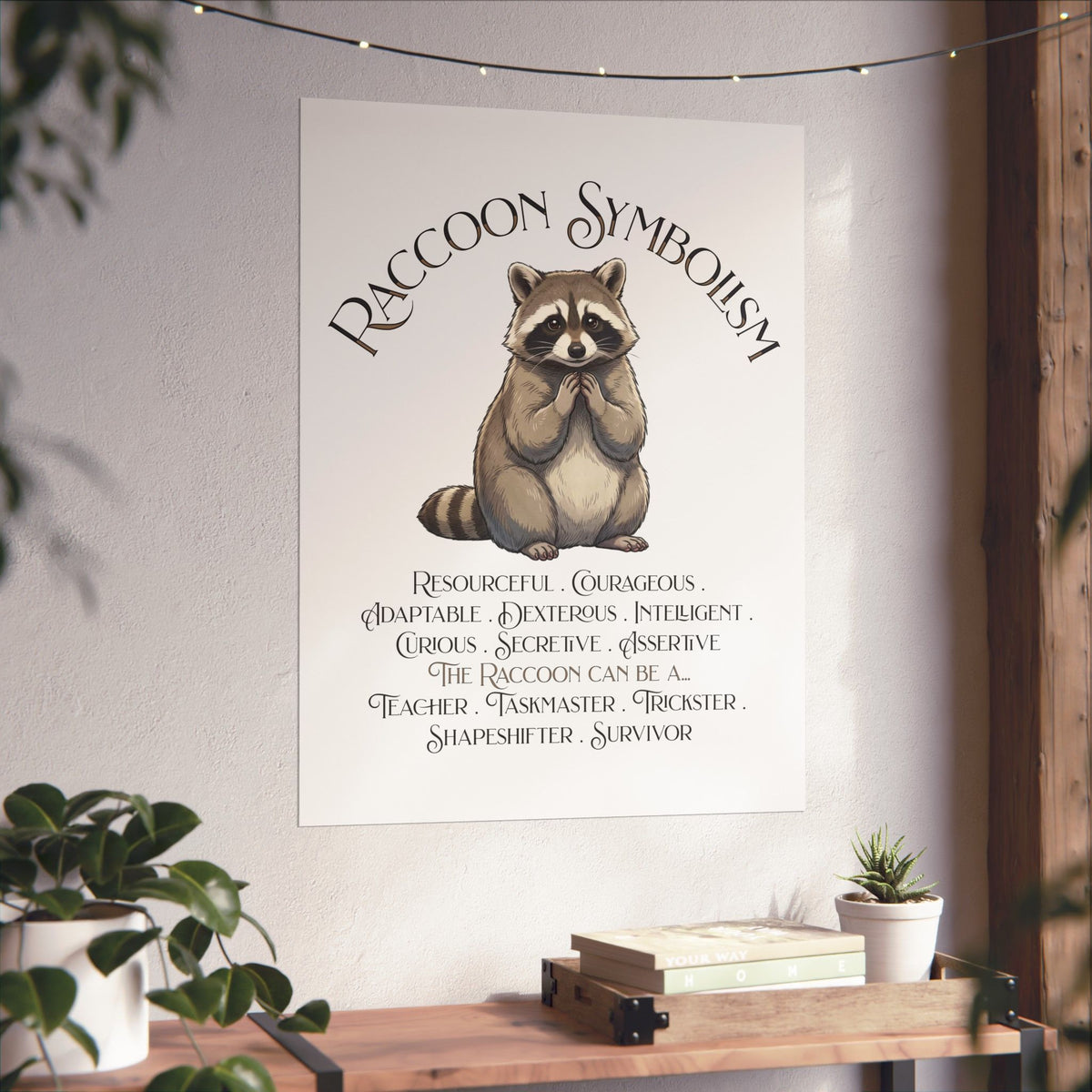 A vertical wall art print featuring a raccoon illustration and the text 'RACCOON SYMBOLISM' with traits listed below, displayed on a light wall above a wooden shelf with plants and books.
