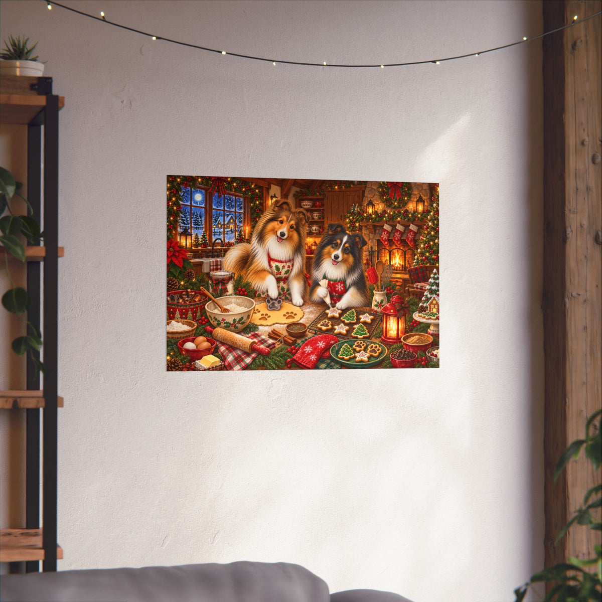 A rectangular wall art print showing two shelties decorating cookies in a cozy Christmas kitchen scene, displayed on a white wall in a real interior with string lights, plants, and furniture visible.