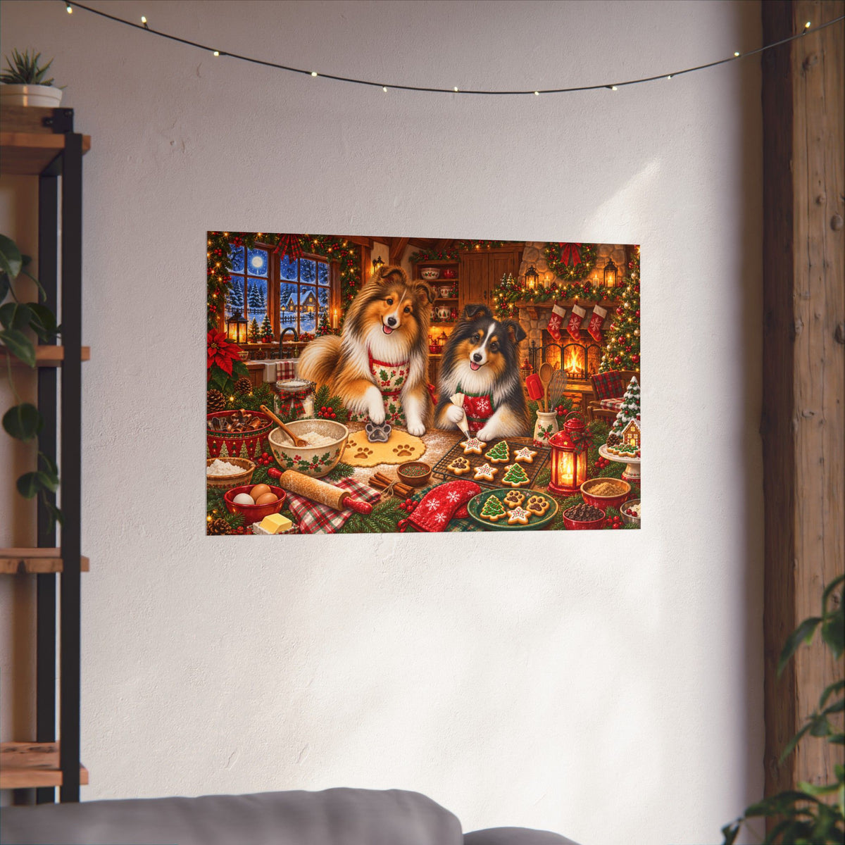 A rectangular wall art print showing two shelties decorating cookies in a cozy Christmas kitchen scene, displayed on a white wall in a real interior with string lights, plants, and furniture visible.