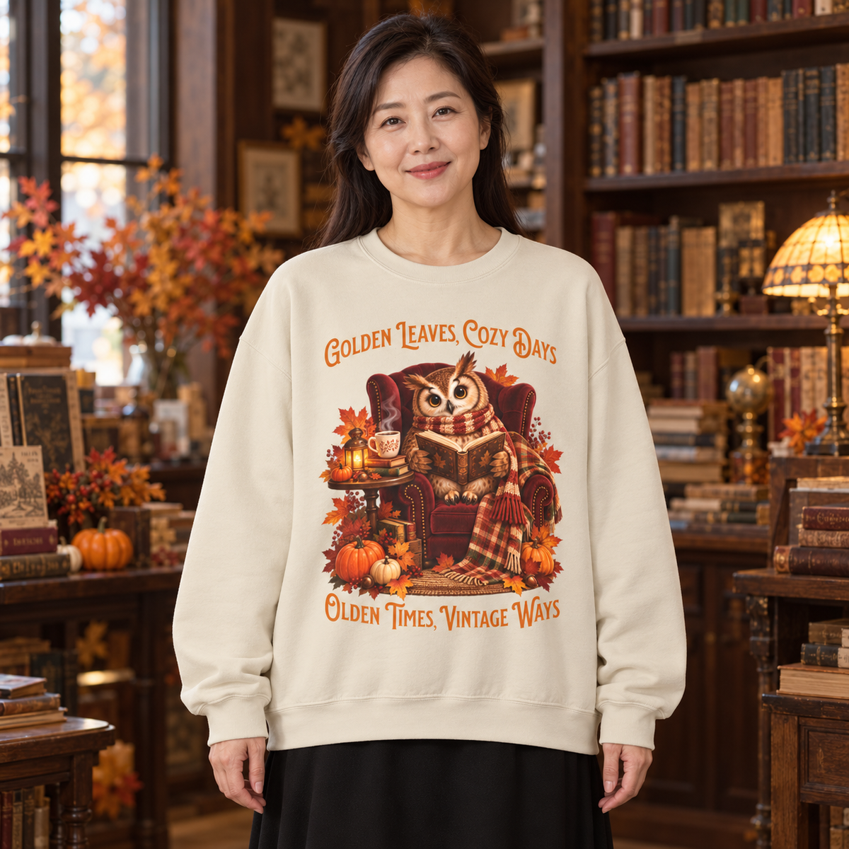 A woman stands in a cozy home library wearing a cream-colored sweatshirt with a vintage owl illustration and autumn-themed text reading 'Golden Leaves, Cozy Days' and 'Golden Times, Vintage Ways.'.