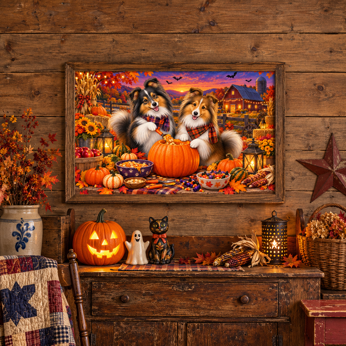 A framed Halloween-themed painting of two shelties carving a pumpkin, displayed on a rustic wooden wall above a decorated holiday table with a ghost and cat figurines, a lantern, a vase and basket full of autumn foliage, decorative corn, a jack-o'-lantern, and seasonal decor. A wood rocking chair with a red, white, and blue patchwork blanket sits in front.