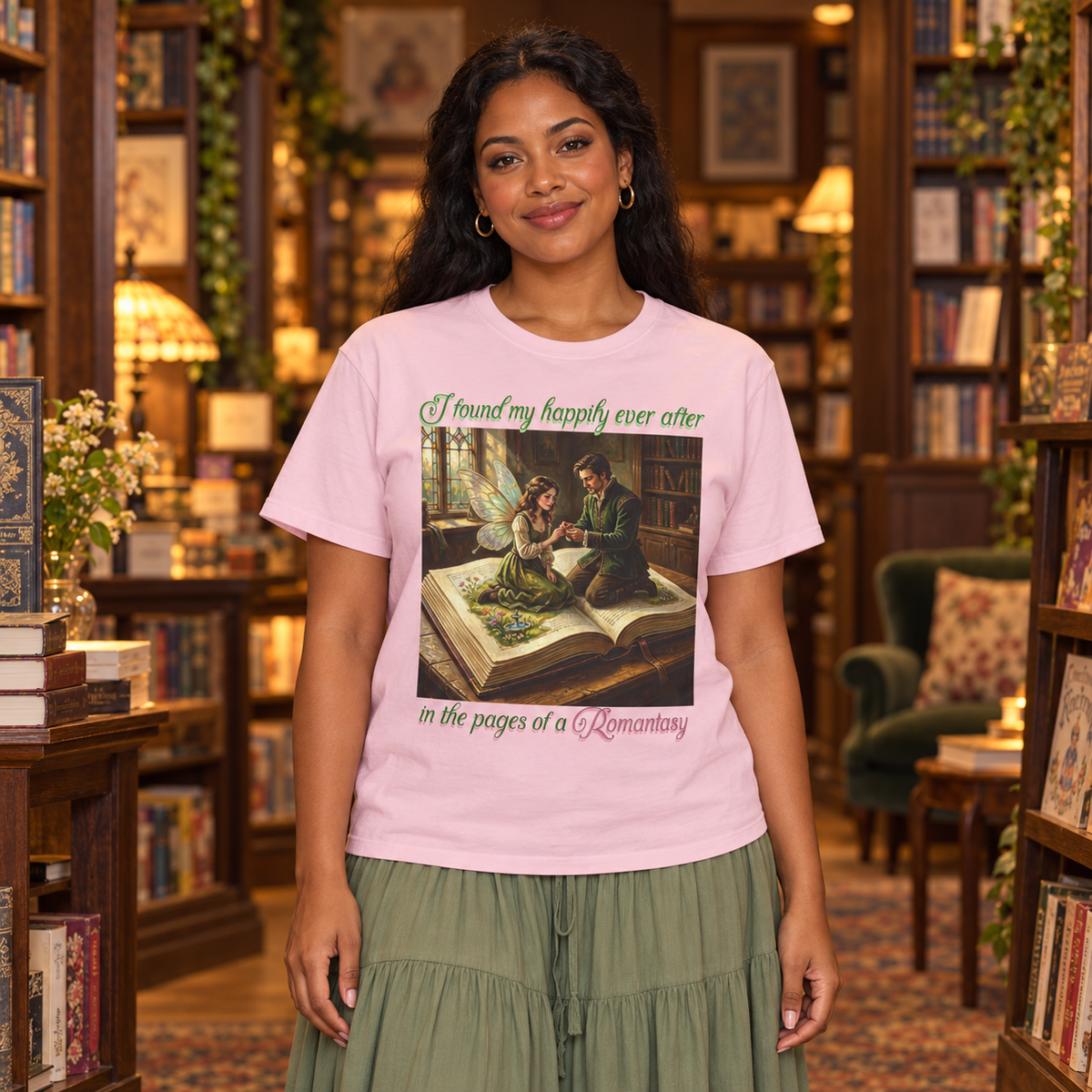 A woman wearing a light pink graphic t-shirt with a romantic fairy and man illustration and the text 'I found my happily ever after in the pages of a Romantasy'. The woman is standing in a cozy, vintage library setting.