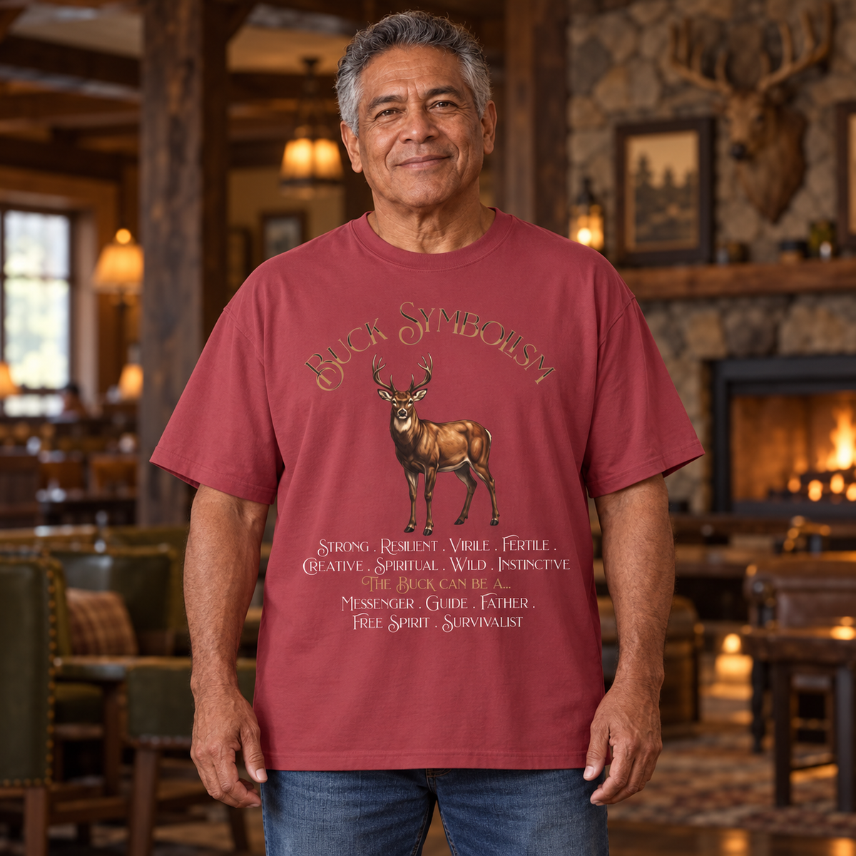 A man wearing a maroon crewneck t-shirt with a graphic of a buck and the text 'Buck Symbolism' in a rustic tavern setting with a fireplace in the background.
