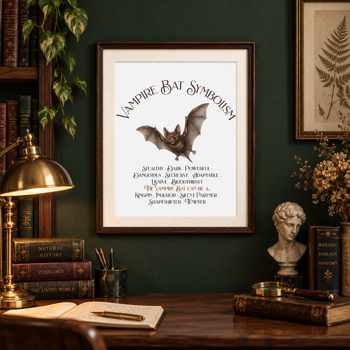 A framed art print titled 'Vampire Bat Symbolism' featuring a bat illustration and text, displayed on a dark green wall above a wooden desk with books, a brass lamp, and a bust in a styled room setting.
