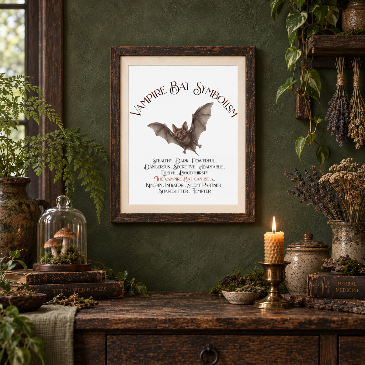 A framed gothic art print titled 'Vampire Bat Symbolism' featuring a bat illustration and text, displayed on a dark wooden console table in a rustic, moss-green room decorated with plants, candles, and vintage books.