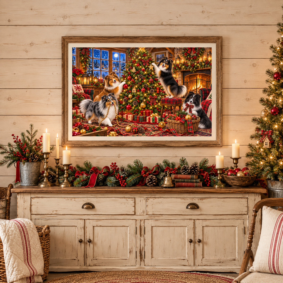 A large framed Christmas art print featuring four shelties decorating a tree, displayed on a rustic white wooden console with a brass bell, greenery, candles, and a bowl of ornaments in a cozy holiday room setting with a Christmas tree, a basket with a blanket in it, and a chair with a red and white pillow.