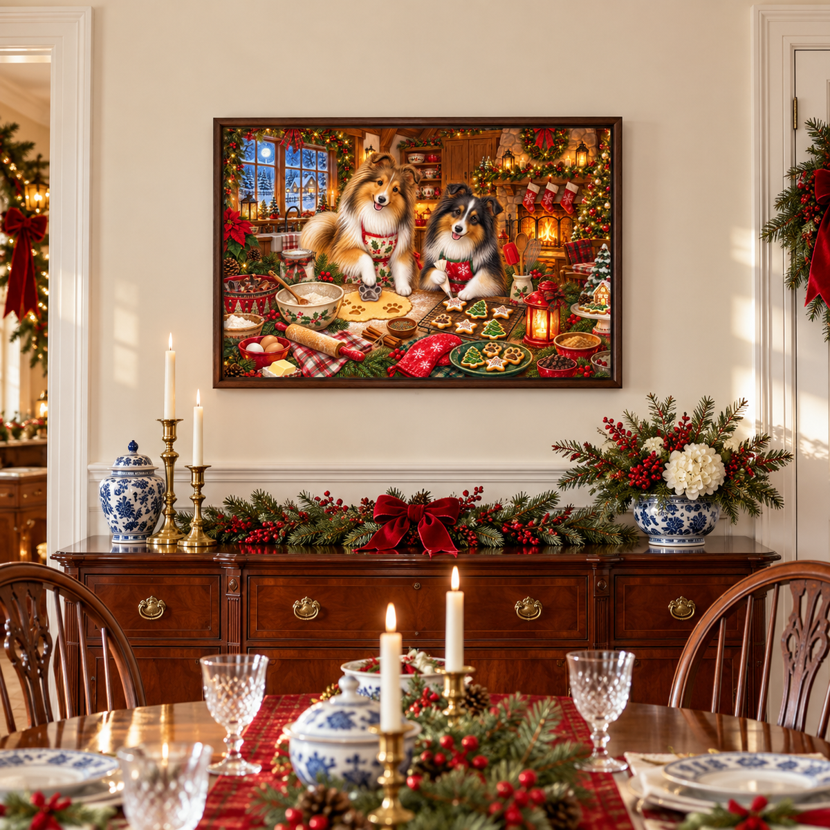 A large framed holiday art print of two shelties decorating cookies hangs on a white wall above a dark wood cabinet with candles, ceramic jars, and holiday greenery. A dining table is in front with more festive greenery, blue and white dining ware, candles, and glasses.