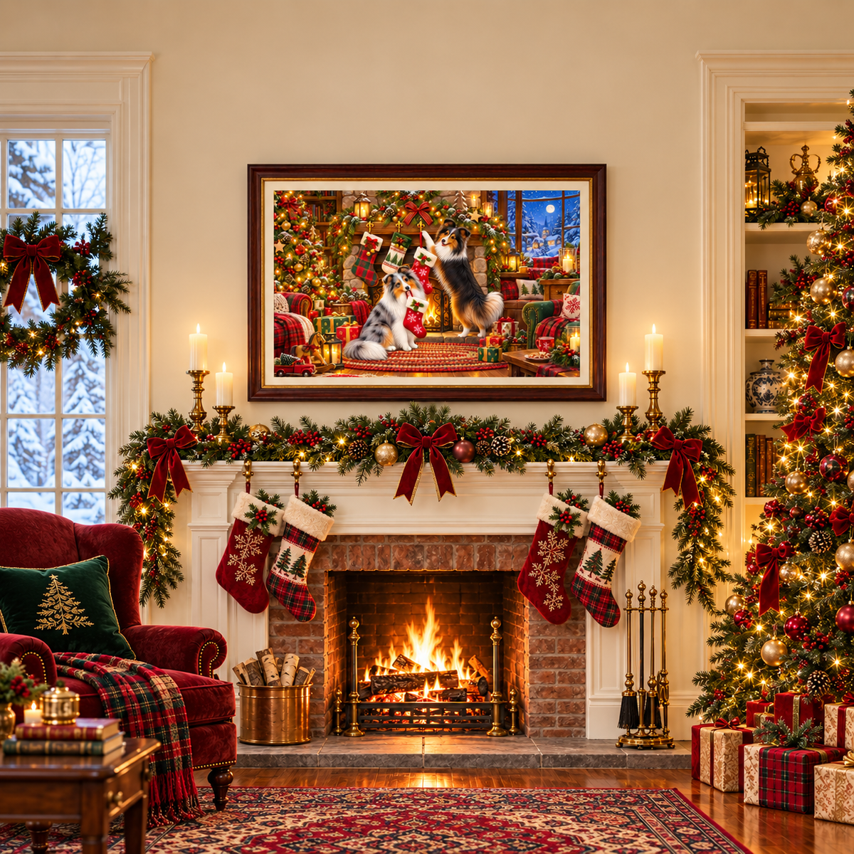 A framed holiday art print depicting two shelties hanging their stockings, displayed on a fireplace mantel in a fully decorated living room with stockings, a fire, a red velvet chair with green velvet pillow and plaid blanket, and a Christmas tree with gifts.