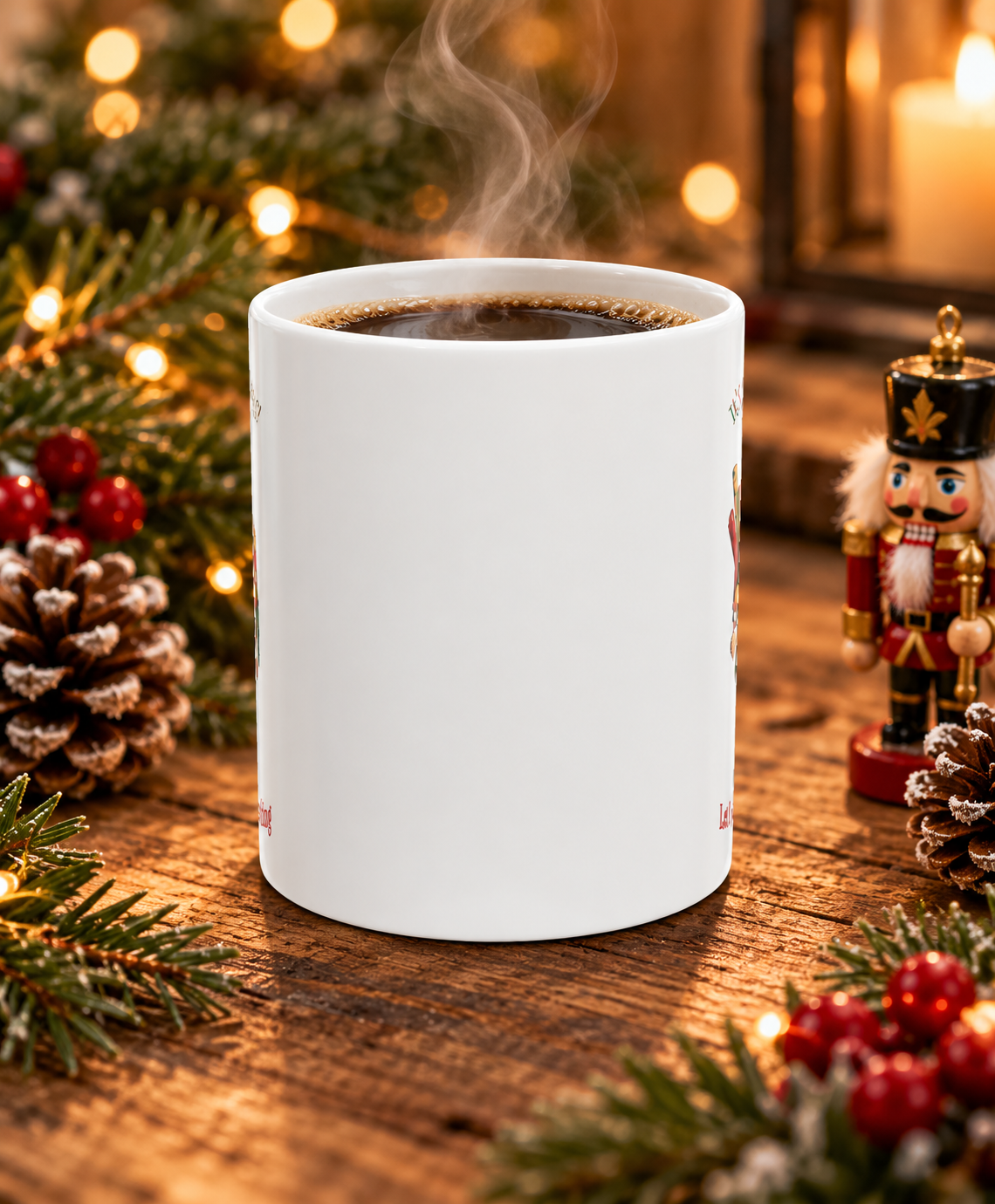 A white ceramic mug filled with steaming black coffee sits on a rustic wooden table surrounded by holiday decorations, including pine branches, red berries, pinecones, and a nutcracker figurine.