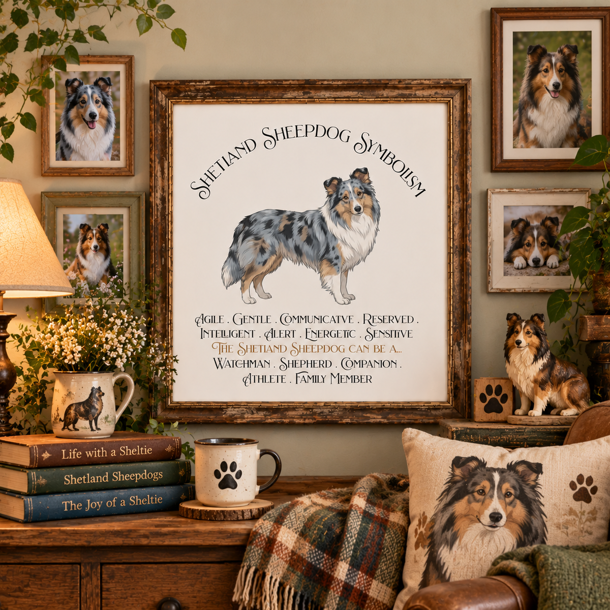 A framed print featuring a Sheltie illustration and the text 'Shetland Sheepdog Symbolism', displayed on a wall in a cozy, styled room with sheltie photos, books, and pillows and a paw print mug and a plaid blanket.