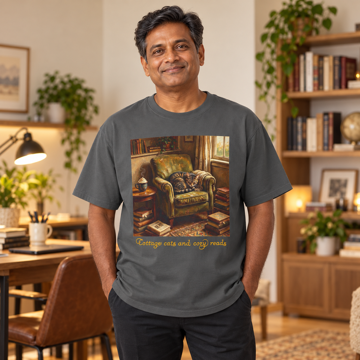 A man wearing a dark gray graphic t-shirt with a cozy reading room scene printed on the front. He is standing in a warmly lit, book-filled home office environment.
