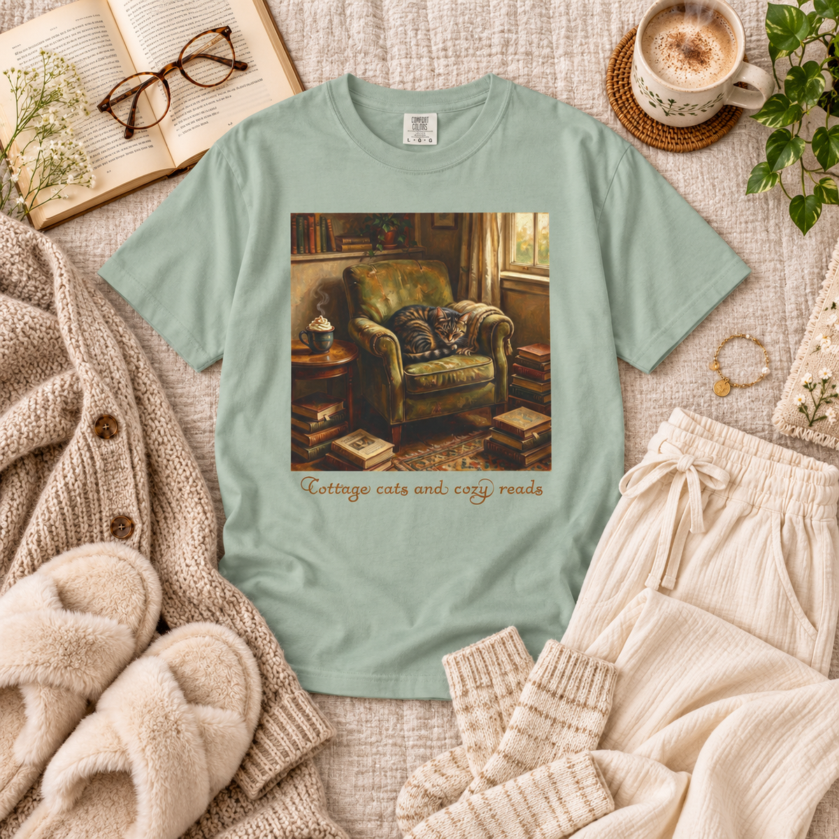 A mint green crewneck t-shirt featuring a cozy reading room graphic with a green armchair and the text 'Cottage cats and cozy reads'. The shirt is styled in a flat lay with a beige knit cardigan, a woman's slippers, cream lounge pants, a cup of coffee, glasses, and an open book.