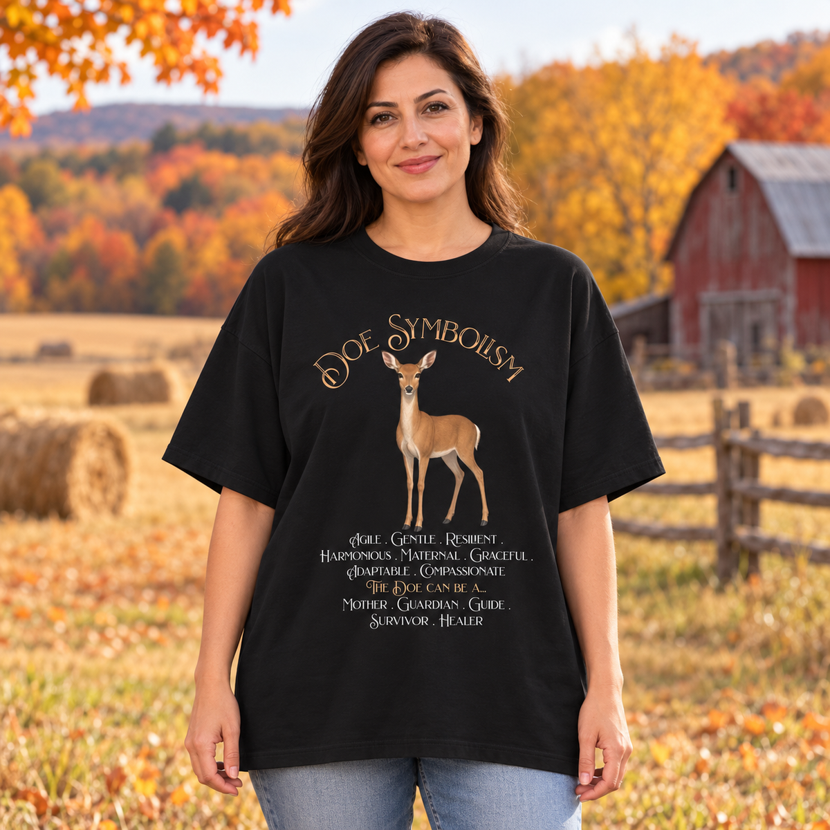 A woman wearing a black graphic t-shirt with a deer illustration and the text 'DOE SYMBOLISM' stands in front of an autumn farm background with a barn and hay bales.