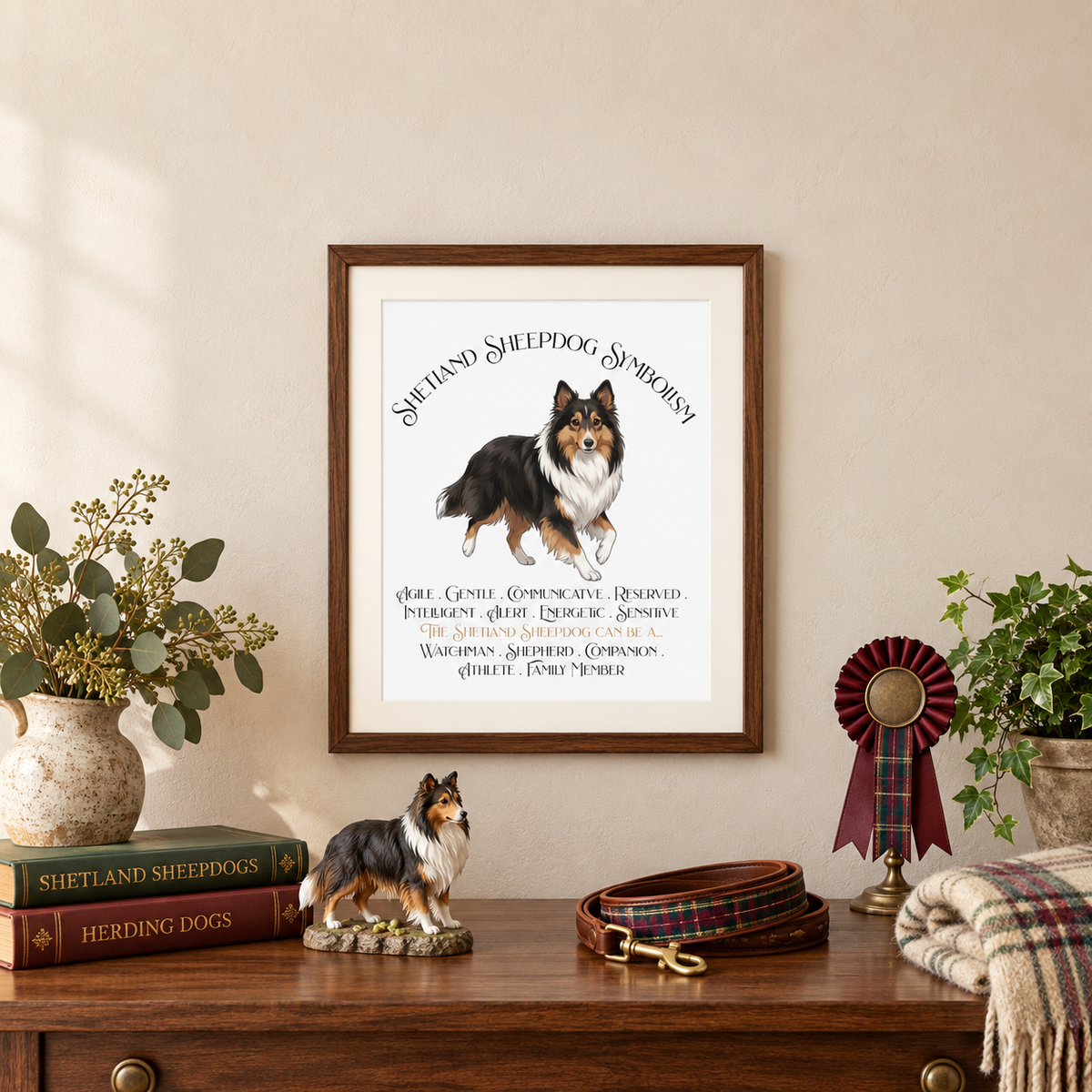 A framed Shepherd Sheepdog Symbolism print hangs on a beige wall above a wooden console table with a eucalyptus vase, books, a dog figurine, a ribbon award, a dog leash, a potted plant, and a plaid throw blanket.