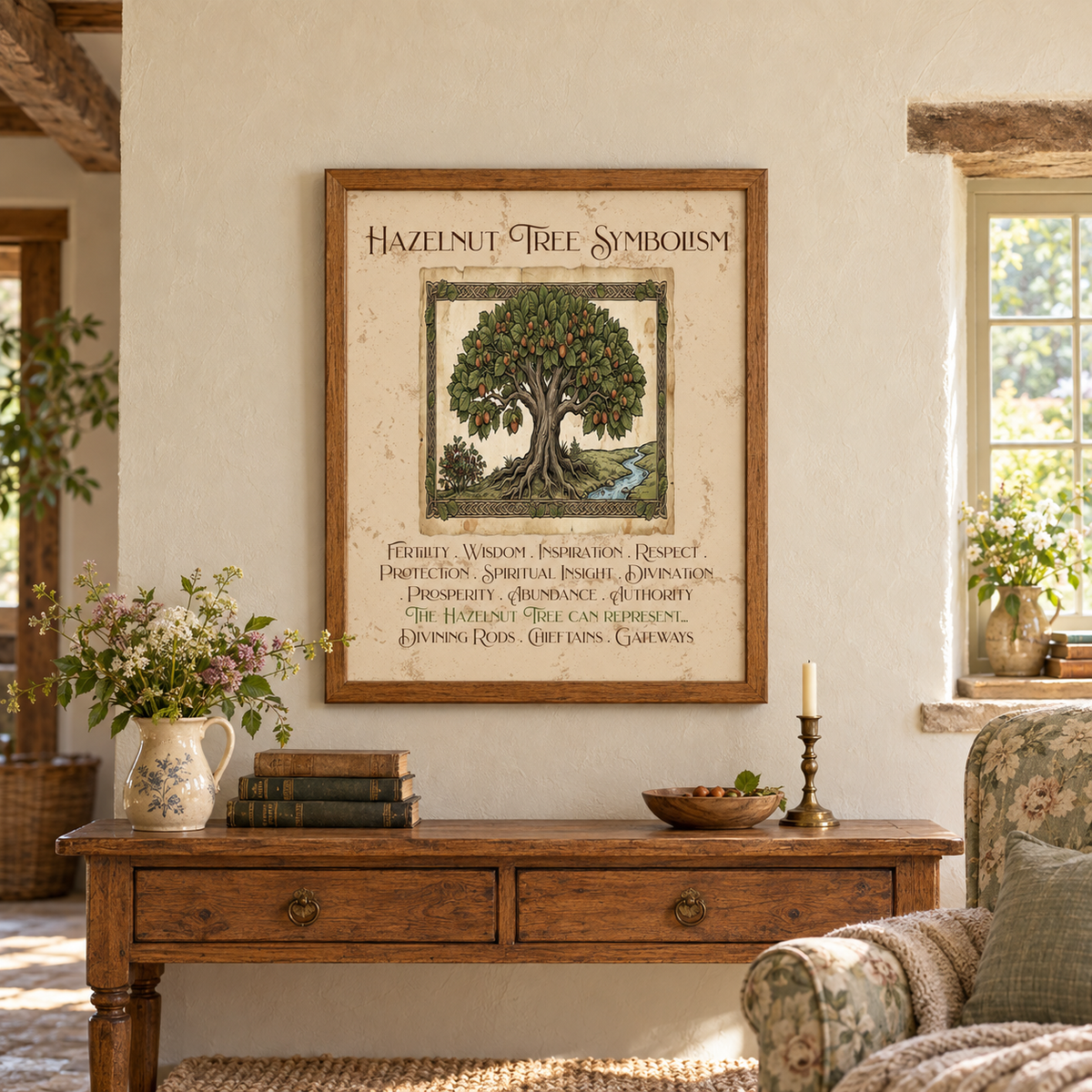 A framed art print featuring HAZELNUT TREE SYMBOLISM with an illustration of a tree and text, displayed on a cream wall above a rustic wooden console table in a cozy, sunlit room with vases of flowers, books, and a green floral chair with a pillow and blanket.