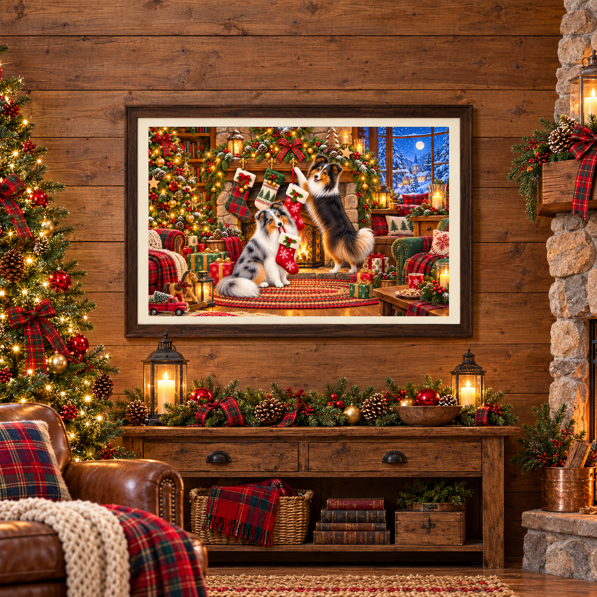 A framed holiday art print featuring two shelties hanging their stockings in a cozy Christmas living room scene, displayed on a rustic wooden wall above a decorated console table with lanterns and holiday greenery. Surrounding the table and print are a hearth, Christmas tree, and leather chair with plaid pillow and blanket.