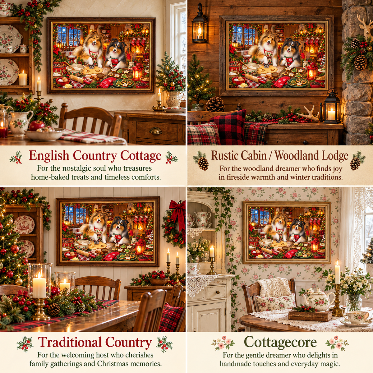A four-panel collage showing the shelties baking and decorating cookies framed artwork in different styled interior settings and labeled: English Country Cottage, Rustic Cabin/Woodland Lodge, Traditional Country, and Cottagecore.