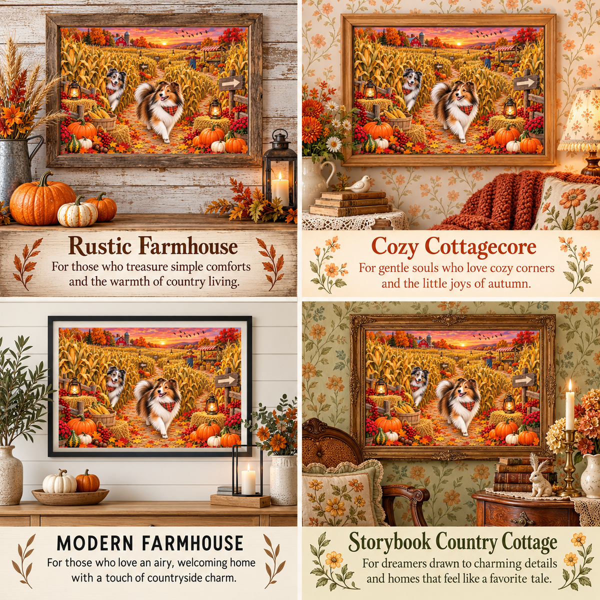 A four-panel collage showing framed autumn-themed dog paintings in different interior settings. The top-left panel shows a rustic farmhouse setup; the top-right shows a cozy cottagecore styled room; the bottom-left shows a modern farmhouse setup; the bottom-right shows a storybook country cottage setup.