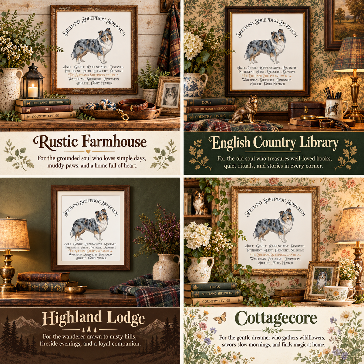 A 2x2 collage showing the merle Shetland Sheepdog Symbolism art work in a framed cross-stitch design in four rustic home decor styles: Rustic Farmhouse, English Country Library, Highland Lodge, and Cottagecore. Each panel shows a framed print with the dog illustration and decorative text, surrounded by lamps, books, flowers, and plaid textiles.