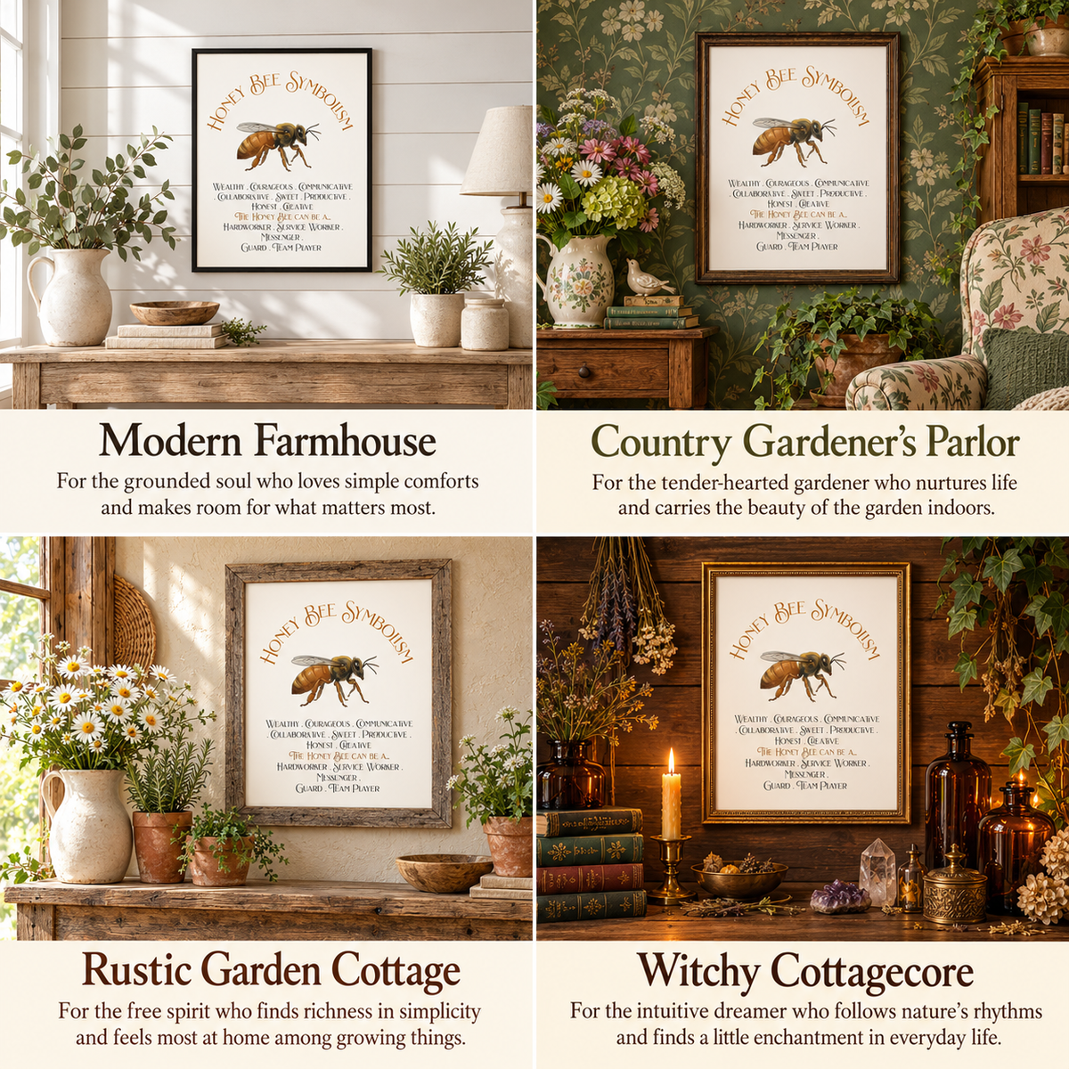 A 2x2 collage showing a framed honey bee symbolism print in four different styled room settings: Modern Farmhouse, Country Gardener's Parlor, Rustic Garden Cottage, and Witchy Cottagecore. Each panel shows the framed print hanging on a wall above a shelf with plants, candles, and decor, with descriptive text underneath.