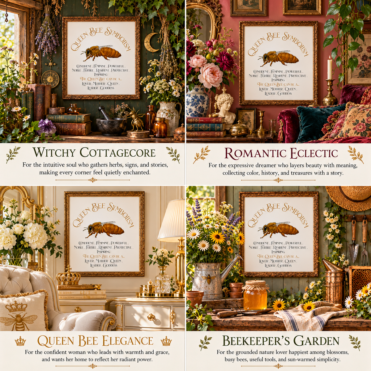A four-panel collage showing framed 'Queen Bee Symbolism' art prints styled in different cozy, vintage-inspired interiors with labels for each styles: Witchy Cottagecore, Romantic Eclectic, Queen Bee Elegance, and Beekeeper's Garden.