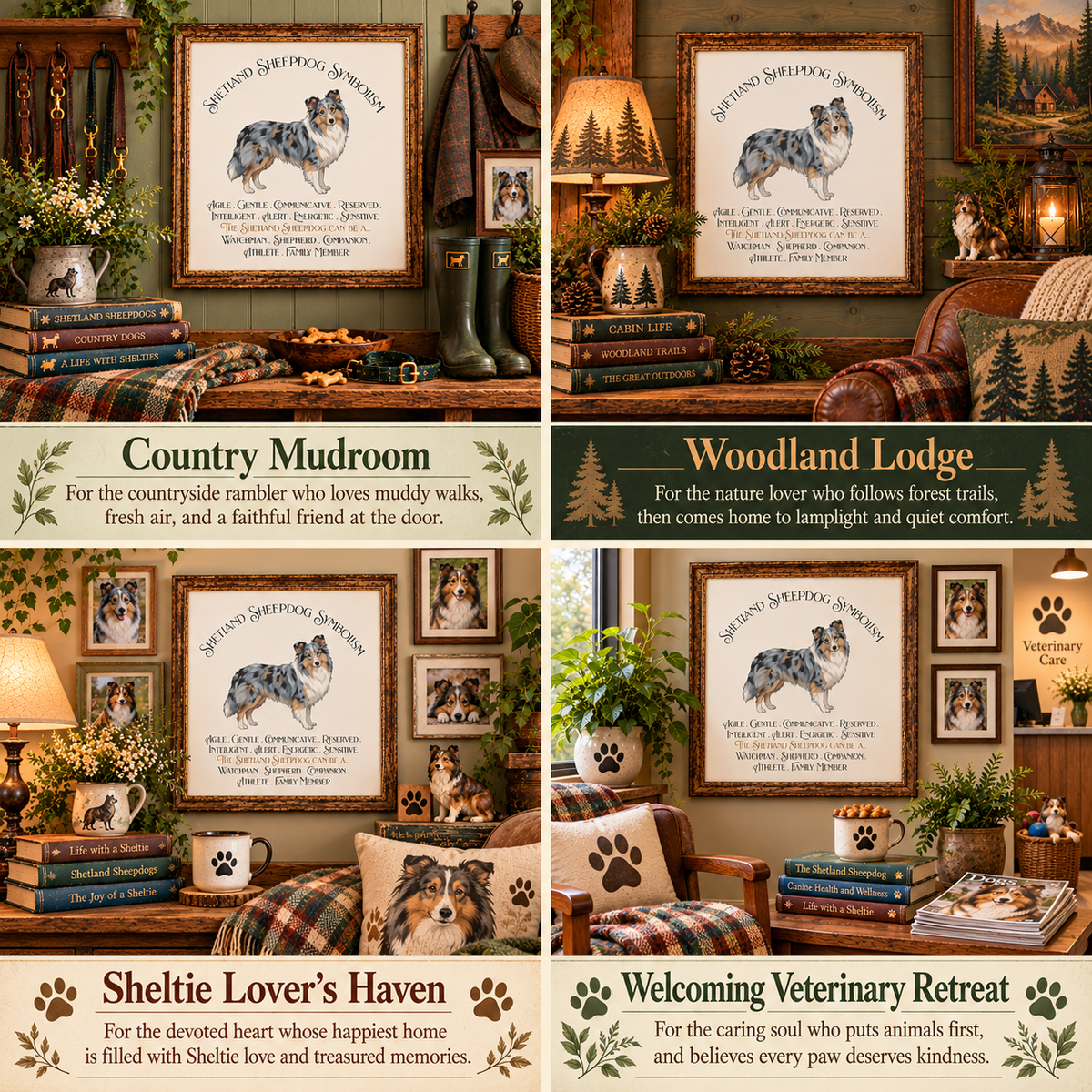A four-panel collage showing the merle Shetland Sheepdog Symbolism art in frames in rustic home decor settings. The designs include Country Mudroom, Woodland Lodge, Sheltie Lover's Haven, and Welcoming Veterinary Retreat, each with decor like a dog portraits, decorative text, paw print items, and cozy interior scenes with lamps, books, and furniture.