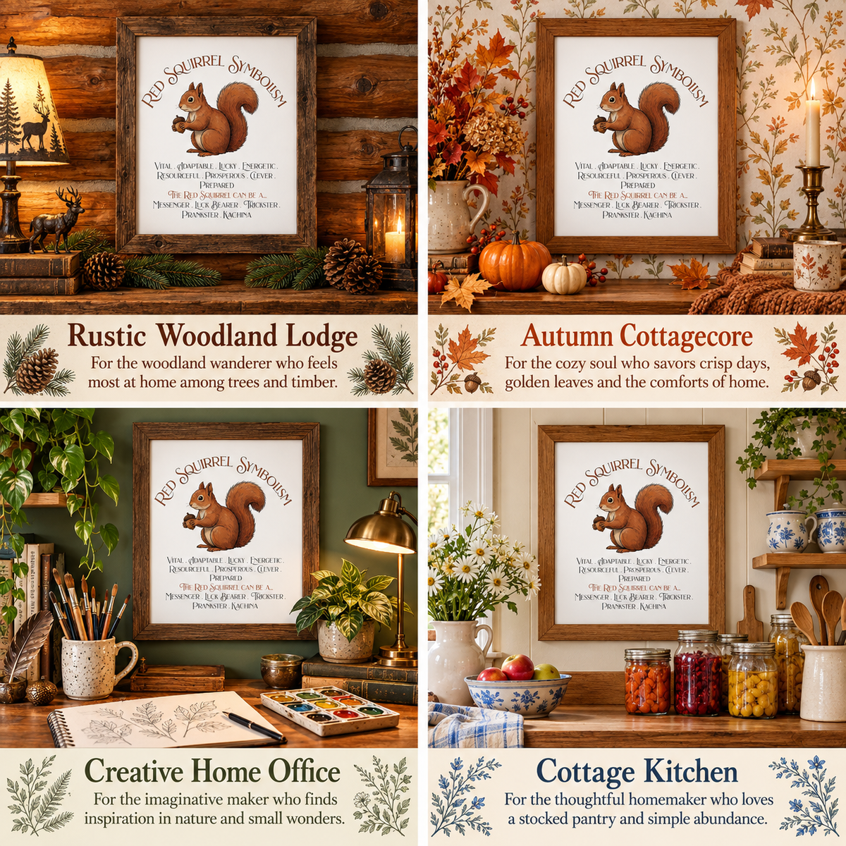 A 2x2 collage showing four styled room scenes with framed Red Squirrel Symbolism art prints above each scene. The room styles are labeled Rustic Woodland Lodge, Autumn Cottagecore, Creative Home Office, and Cottage Kitchen.