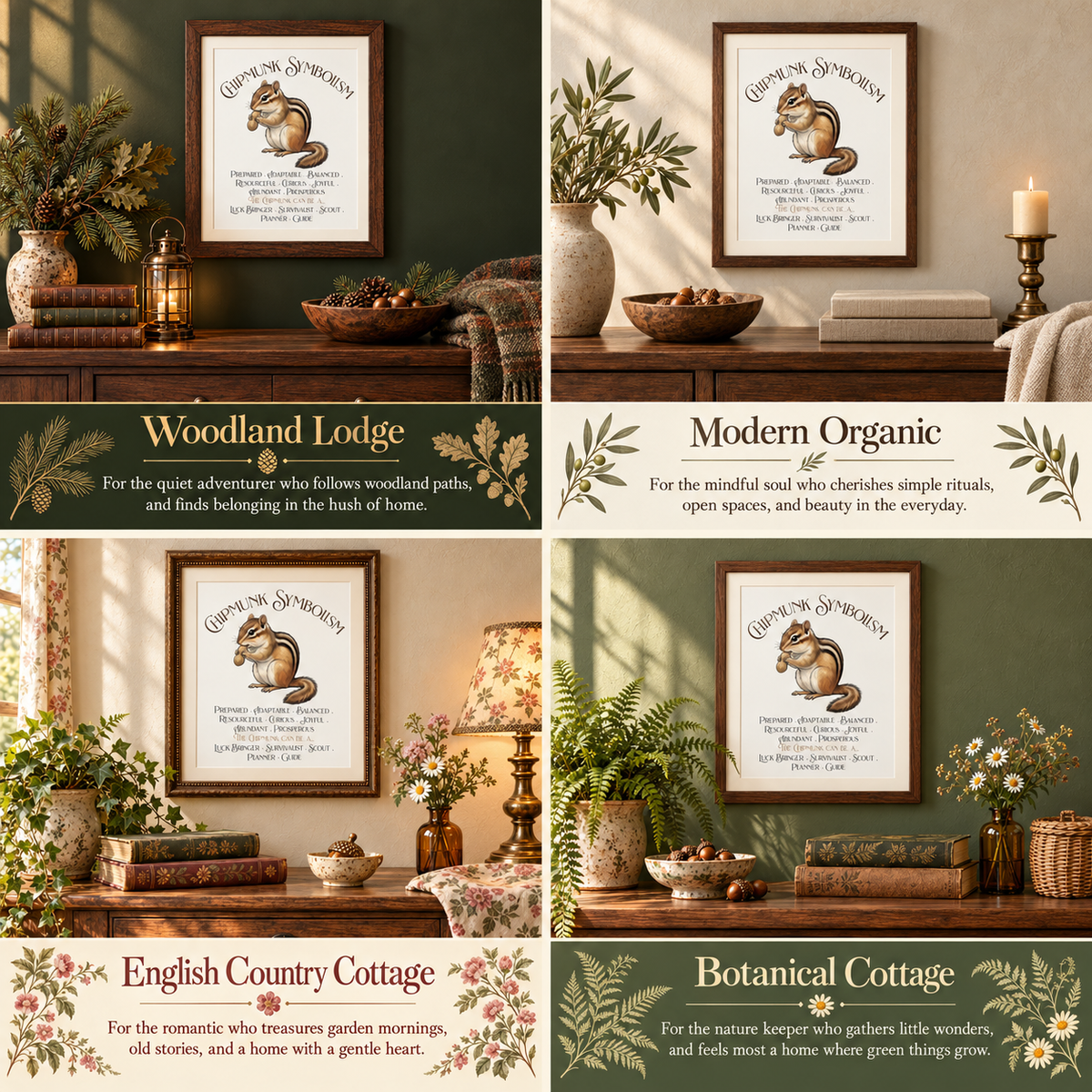 A 2x2 collage showing four framed squirrel-themed wall art prints styled in different home interiors. The prints feature illustrations of a chipmunk with text labels including 'Woodland Lodge', 'Modern Organic', 'English Country Cottage', and 'Botanical Cottage'.