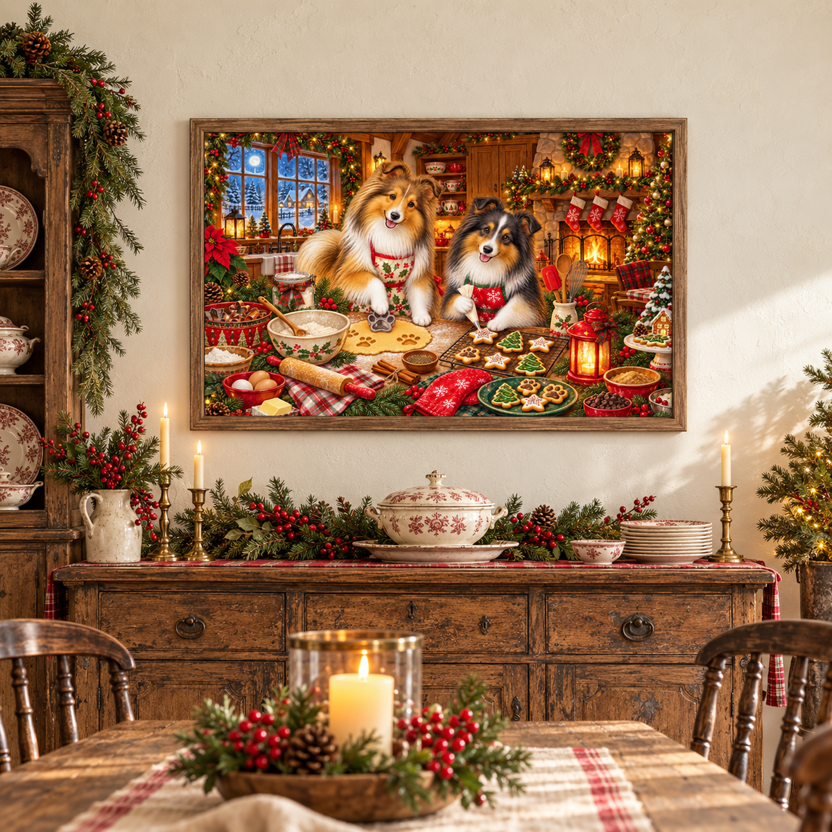 A framed Christmas-themed canvas print featuring two shelties baking cookies in a warmly lit kitchen, displayed on a wall above a wooden cabinet with festive greenery and red and white crockery. In front is a dining table decorated with candles, greenery, and holiday accents.