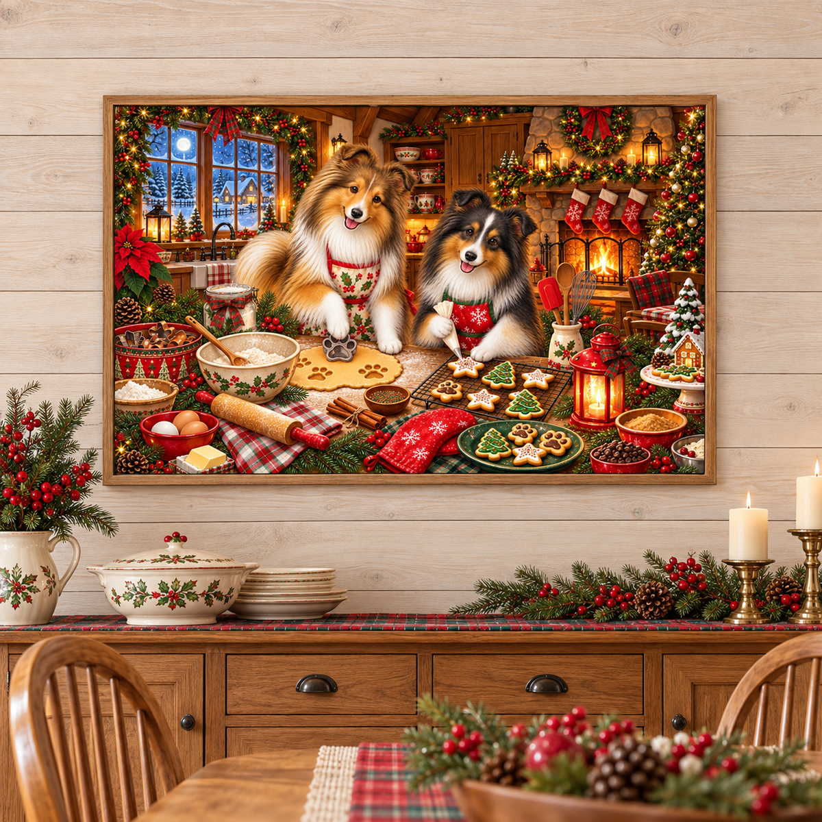 A framed holiday art print depicting two shelties baking and decorating cookies in a cozy Christmas kitchen scene, displayed on a light wood-paneled wall above a decorated wooden cabinet with holly-themed crockery, candles, and holiday greenery. A table with a plaid runner and holiday greenery sits in front.