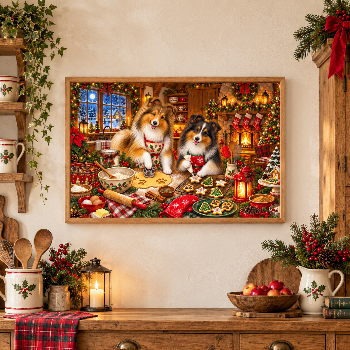 A framed Christmas-themed canvas print featuring two shelties in a cozy kitchen scene, displayed on a wall above a wooden kitchen console table with holly-patterned crockery, a lantern, a bowl of apples, books, and kitchen accessories.