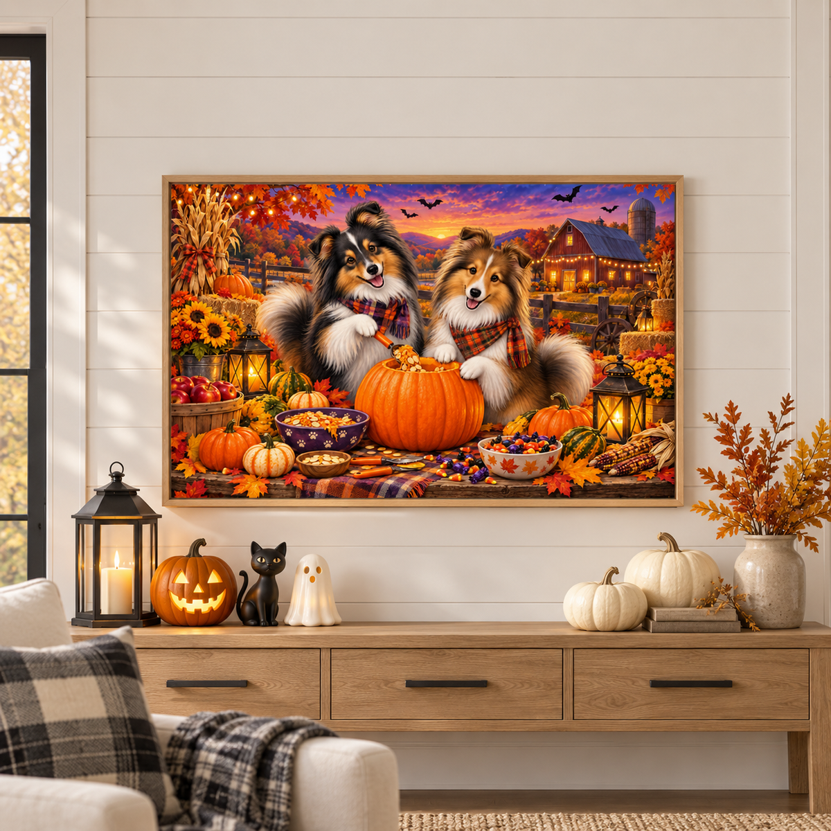 The shelties carving a pumpkin wall art print hangs above a wooden console table with a lantern, a cat and ghost figures, a jack o' lantern, pumpkins, books, and a base of fall foliage. A chair with a matching black and white plaid pillow and blanket sits in front.