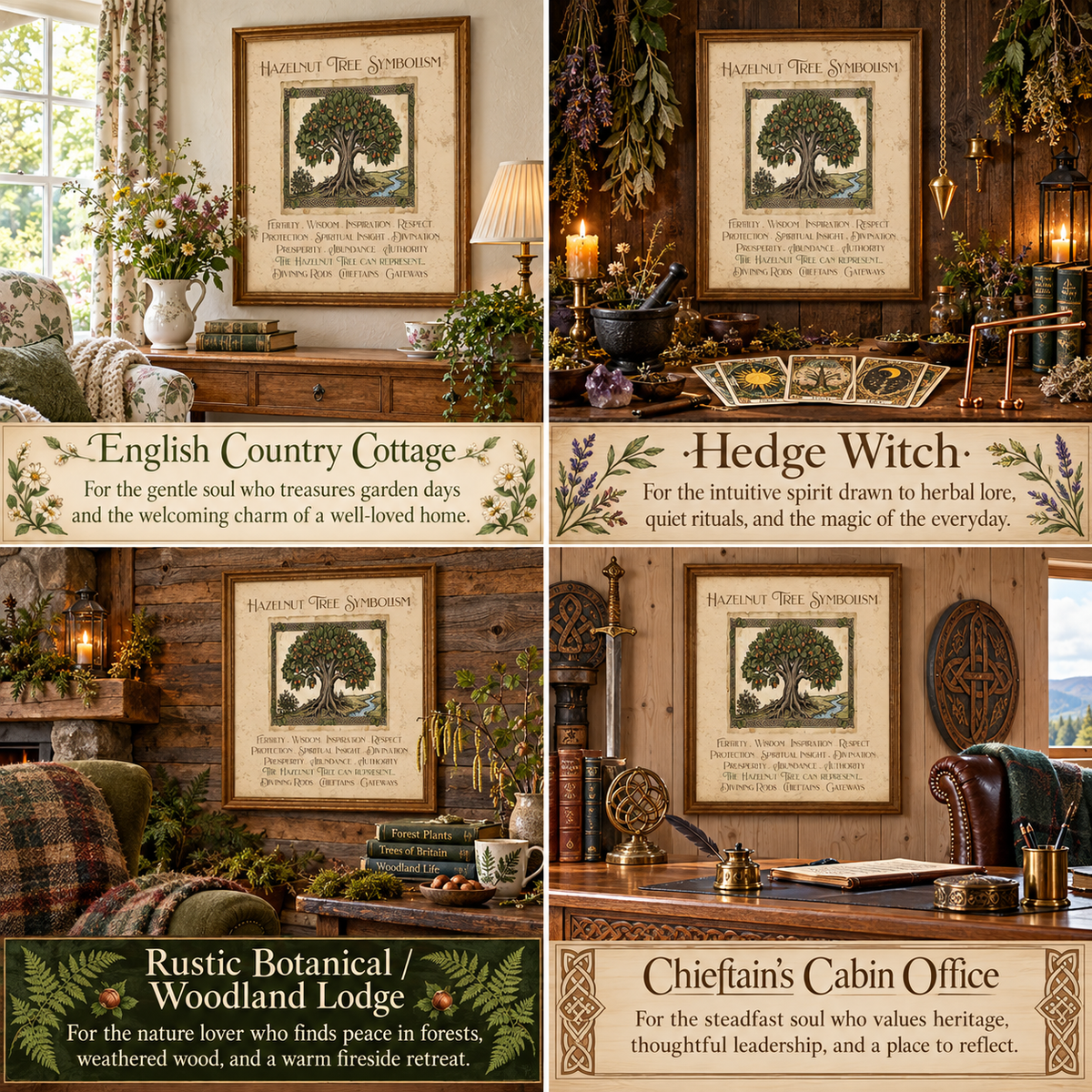 A 2x2 collage showing four framed 'Hazelnut Tree Symbolism' art prints in different rustic interior settings: English Country Cottage, Hedge Witch, Rustic Botanical / Woodland Lodge, and Chieftain's Cabin Office.
