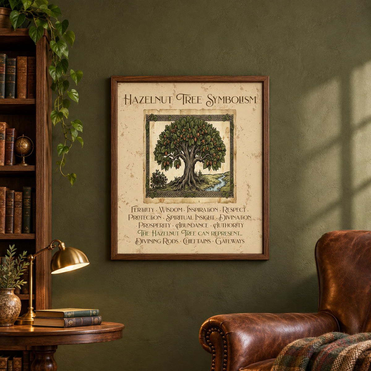 A framed art print titled 'Hazelnut Tree Symbolism' featuring an illustration of a hazelnut tree and text, displayed on a dark olive green wall in a cozy room setting with a leather armchair, a wooden bookshelf, and a table lamp.