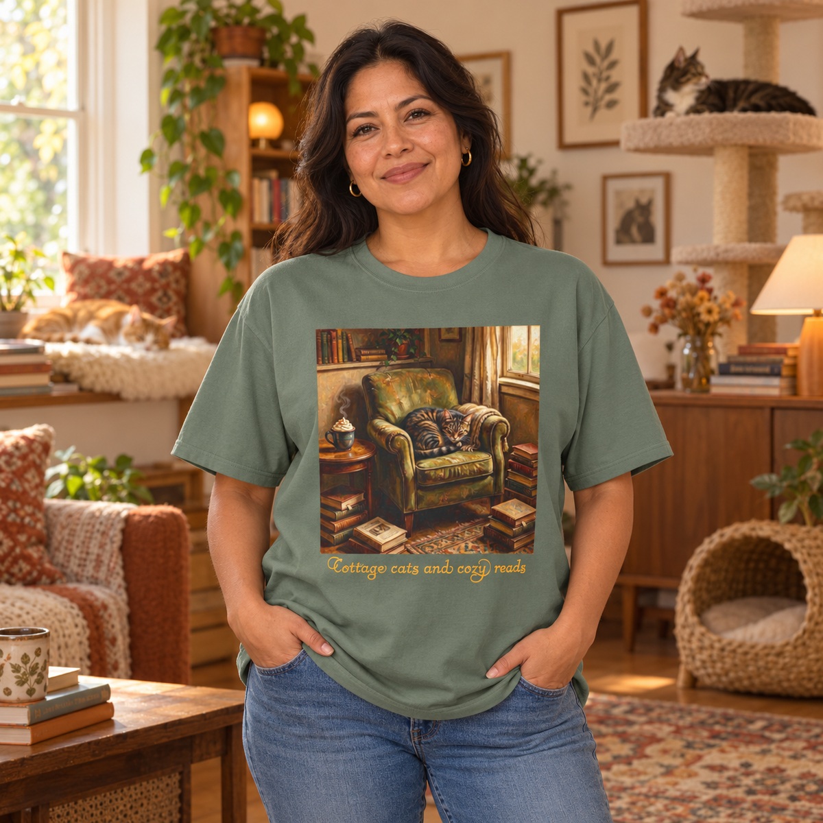 A woman wearing a sage green graphic t-shirt with a vintage-style illustration of a cozy cat lounge scene and the text 'Cottage cats and cozy reads'. She is standing in a warm, rustic living room with a cat tree and pet beds in the background.