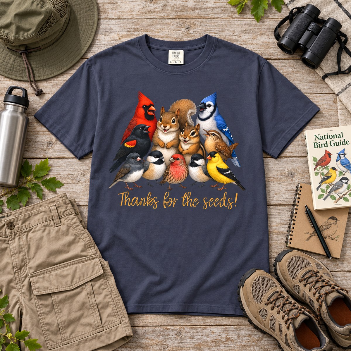 A navy blue graphic t-shirt featuring a group of colorful birds, a chipmunk, and a squirrel with gold text that says, 'Thanks for the seeds!' The shirt is presented in a flat-lay outdoor style surrounded by hiking accessories including khaki shorts, hiking boots, a hat, binoculars, a water bottle, a pen and notebook, and a National Bird Guide on a rustic wooden background.