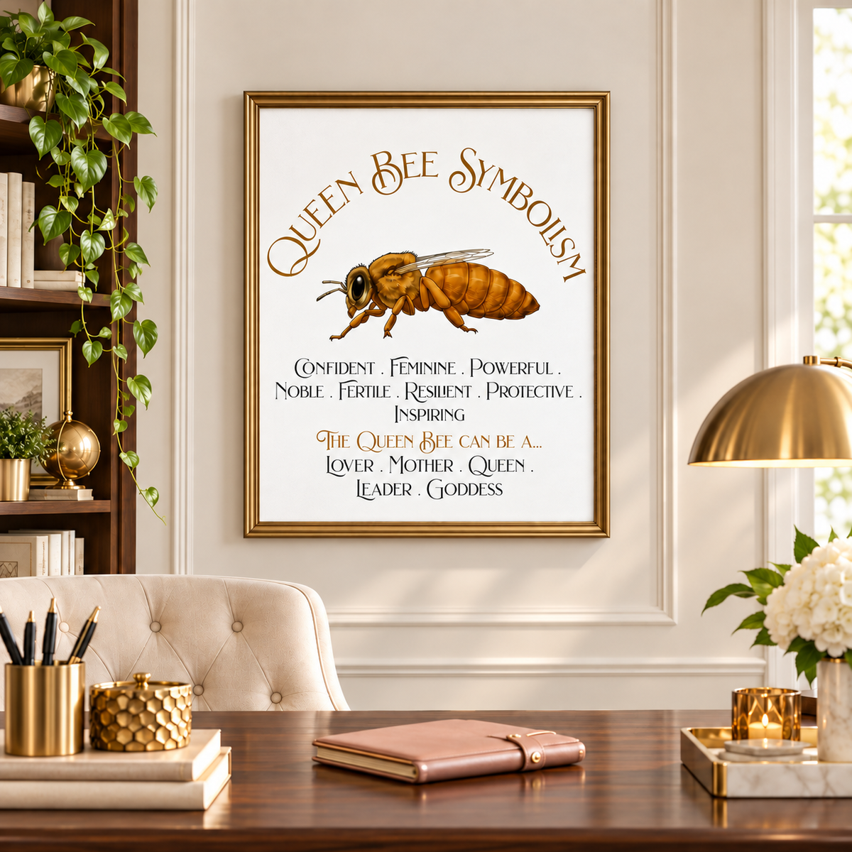 A framed art print featuring a detailed illustration of a queen bee and the text 'Queen Bee Symbolism' with qualities listed below, displayed on a wall in a modern, feminine home office with gold decor, a pink journal, a vase of flowers, and books.