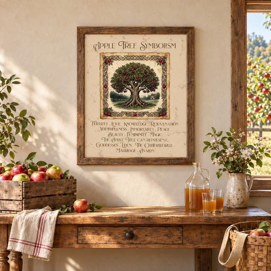A framed vertical art print titled 'Apple Tree Symbolism' hangs on a beige wall above a rustic wooden table with a small wooden crate of apples, a hand towel, a pitcher with apple blossoms, a basket of apples, and a jug and cups of apple cider.