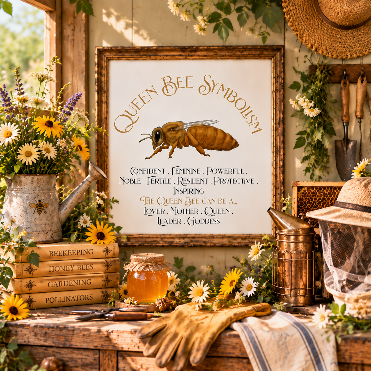 A framed art print featuring 'Queen Bee Symbolism' with an illustration of a bee and text, in a rustic beekeeping and gardening workshop surrounded by flowers, tools, and beekeeping gear.