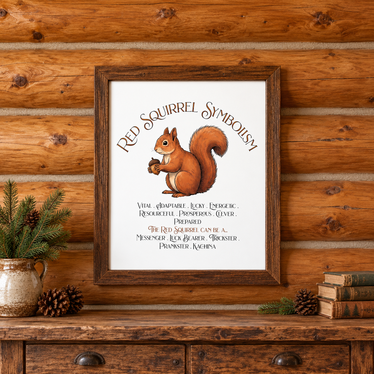 A framed art print featuring a red squirrel illustration and the text 'Red Squirrel Symbolism' displayed on a rustic wooden wall above a wooden console table with pine branches, pinecones, and books.