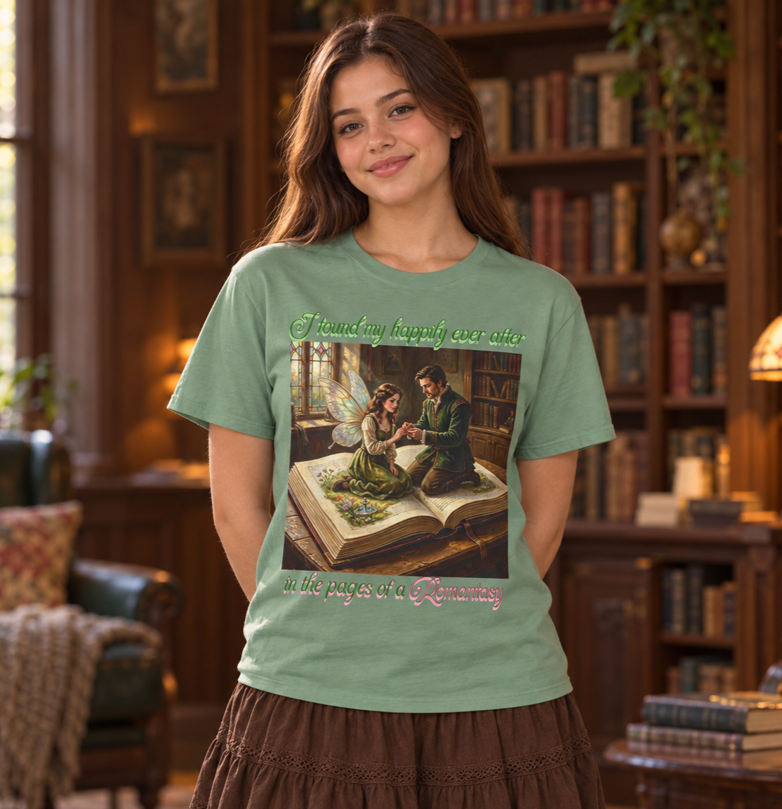 A woman wearing a sage green graphic t-shirt with a fairy tale illustration of a fairy girl and a man putting a ring on her finger as they sit on an open book. The woman stands in a cozy, warm library background.