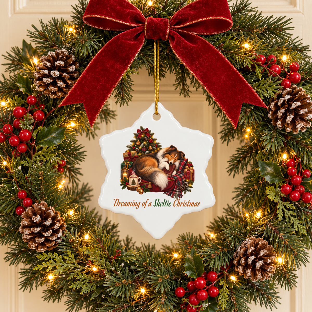 A festive Christmas wreath with a large red velvet bow, green pine branches, warm white string lights, red berries, and pinecones. A white snowflake-shaped ornament hangs from the center, featuring an illustration of a sleeping sheltie clutching a book under a Christmas tree with the text 'Dreaming of a Sheltie Christmas'.