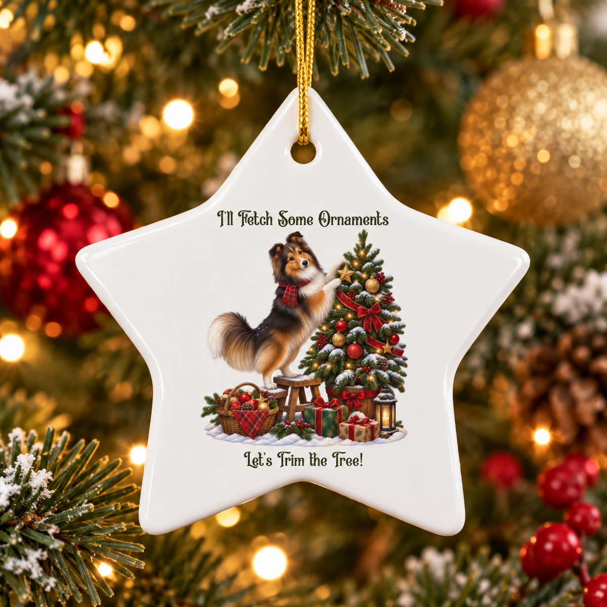 A white star-shaped ceramic Christmas ornament hanging on a decorated tree. The ornament features an illustration of a sable sheltie standing on its hind legs while decorating a Christmas tree surrounded by a lantern, a basket of ornaments, and gifts, with the text 'I'll Fetch Some Ornaments' above and 'Let's Trim the Tree!' below.