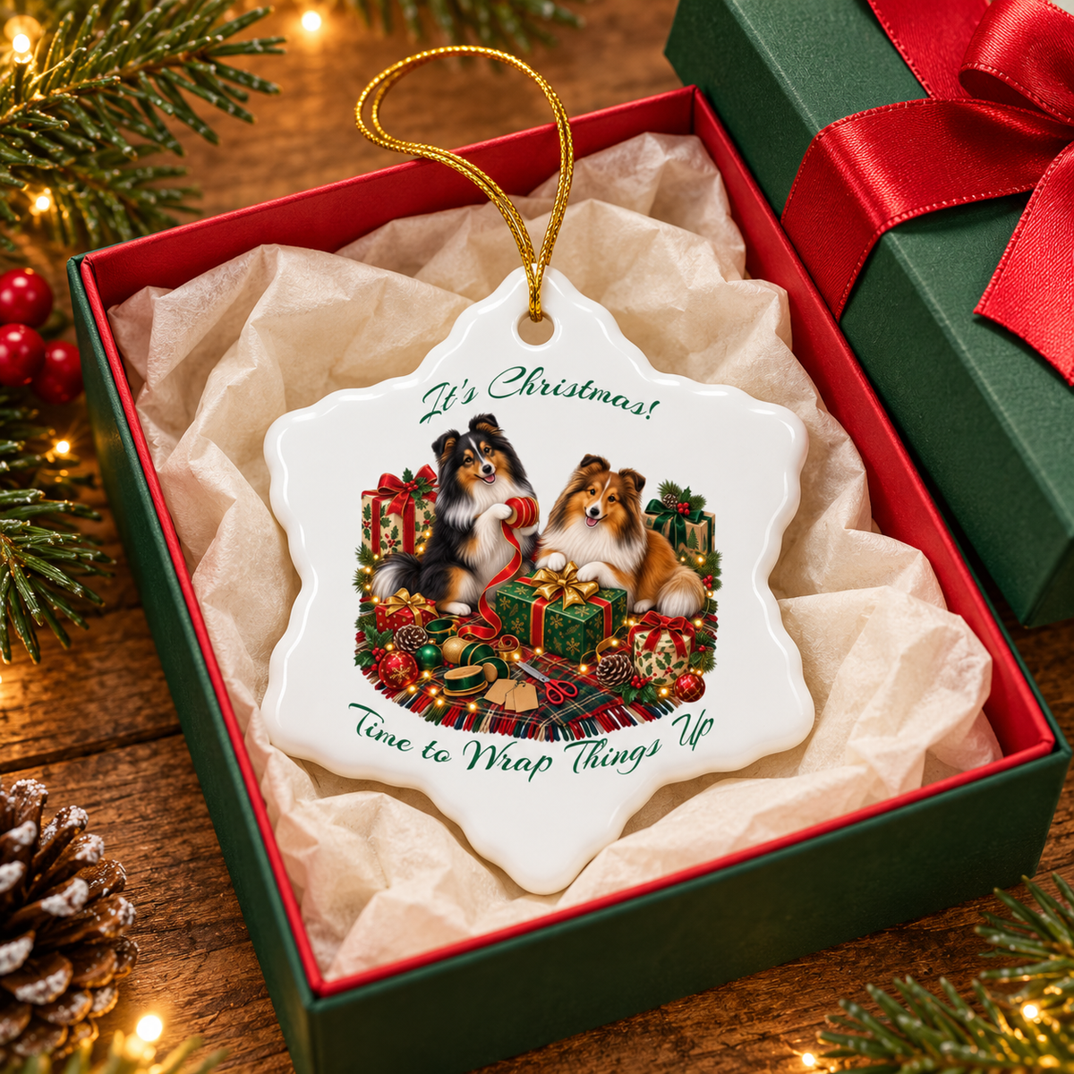 A white Christmas snowflake ornament featuring two shelties and holiday gifts, displayed inside a green and red gift box with tissue paper. The ornament has a gold hanging loop and the text 'It's Christmas! Time to Wrap Things Up'.